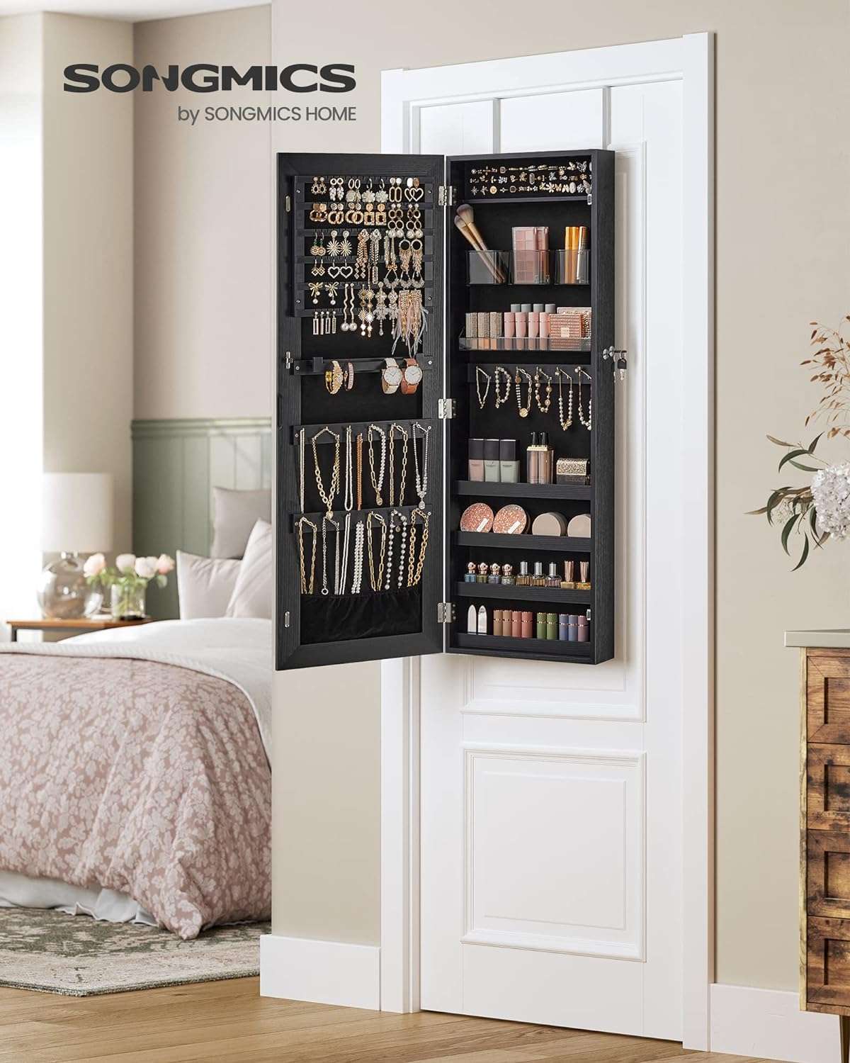 SONGMICS Mirror Jewelry Cabinet Armoire, Wall or Door Mounted Jewelry Storage, Hanging Lockable Frameless with 2 Plastic Cosmetic Organizers, Gift Idea - 7