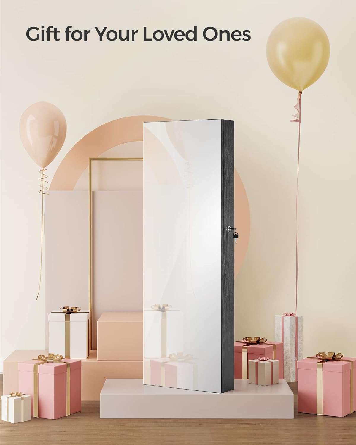 SONGMICS Mirror Jewelry Cabinet Armoire, Wall or Door Mounted Jewelry Storage, Hanging Lockable Frameless with 2 Plastic Cosmetic Organizers, Gift Idea - 8