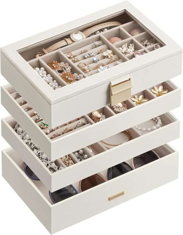 SONGMICS Stackable Jewelry Trays, 4-Tier Jewelry Box, Drawer Jewelry Organizer, with Glass Lid, Removable Dividers, for Vanity Table, 6.7 x 11 x 7.2 Inches - 1