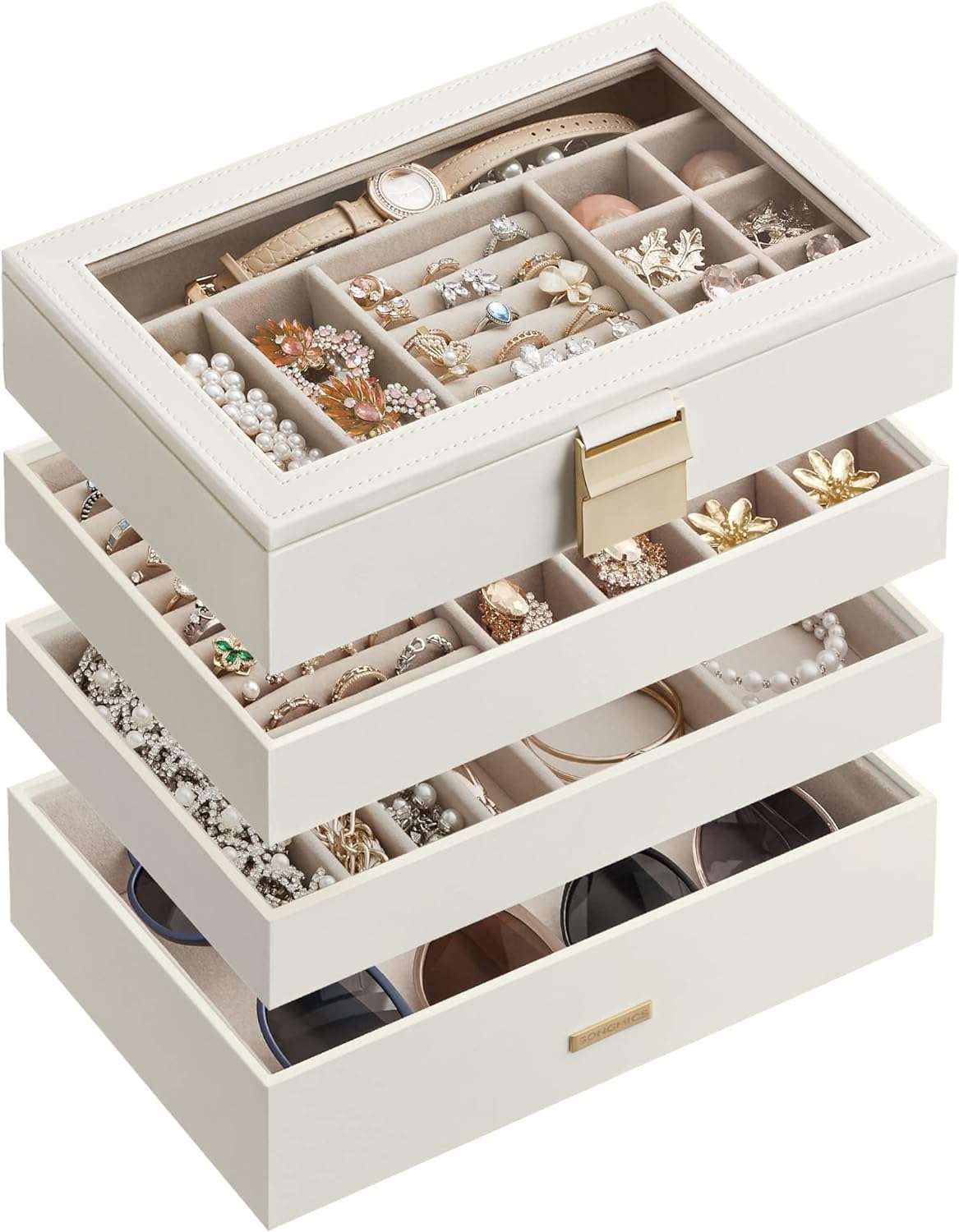 SONGMICS Stackable Jewelry Trays, 4-Tier Jewelry Box, Drawer Jewelry Organizer, with Glass Lid, Removable Dividers, for Vanity Table, 6.7 x 11 x 7.2 Inches - 1
