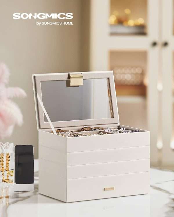 SONGMICS Stackable Jewelry Trays, 4-Tier Jewelry Box, Drawer Jewelry Organizer, with Glass Lid, Removable Dividers, for Vanity Table, 6.7 x 11 x 7.2 Inches - 2