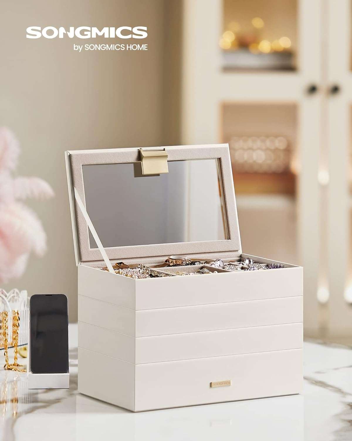 SONGMICS Stackable Jewelry Trays, 4-Tier Jewelry Box, Drawer Jewelry Organizer, with Glass Lid, Removable Dividers, for Vanity Table, 6.7 x 11 x 7.2 Inches - 2