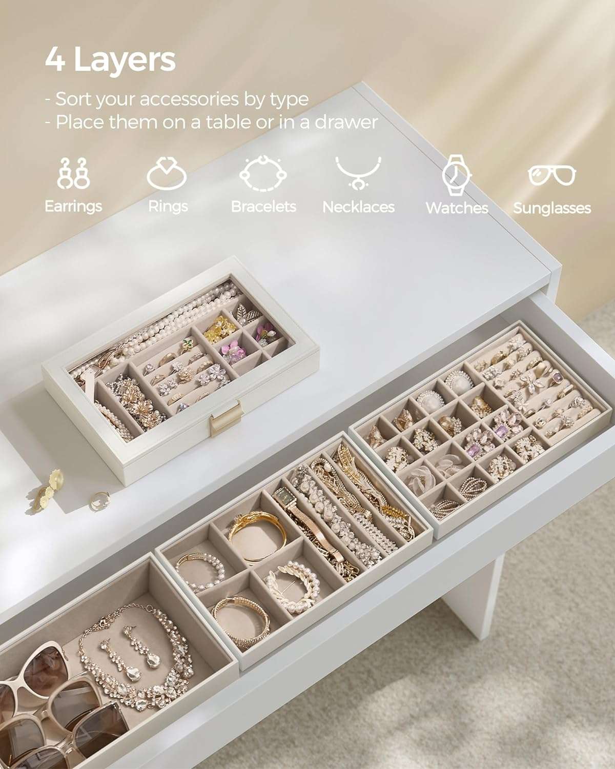 SONGMICS Stackable Jewelry Trays, 4-Tier Jewelry Box, Drawer Jewelry Organizer, with Glass Lid, Removable Dividers, for Vanity Table, 6.7 x 11 x 7.2 Inches - 3