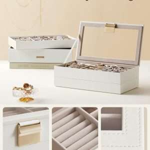 SONGMICS Stackable Jewelry Trays, 4-Tier Jewelry Box, Drawer Jewelry Organizer, with Glass Lid, Removable Dividers, for Vanity Table, 6.7 x 11 x 7.2 Inches - 4