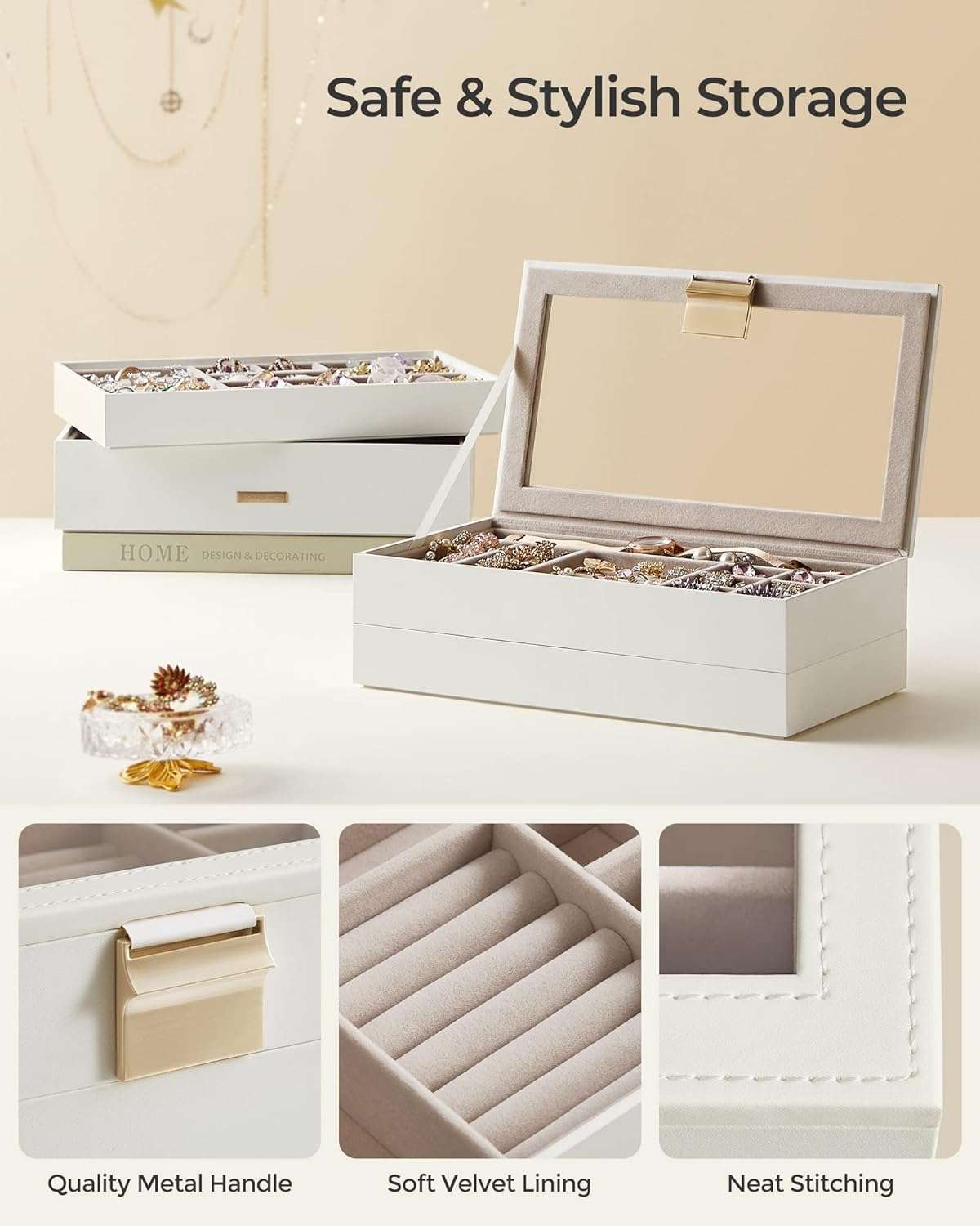 SONGMICS Stackable Jewelry Trays, 4-Tier Jewelry Box, Drawer Jewelry Organizer, with Glass Lid, Removable Dividers, for Vanity Table, 6.7 x 11 x 7.2 Inches - 4