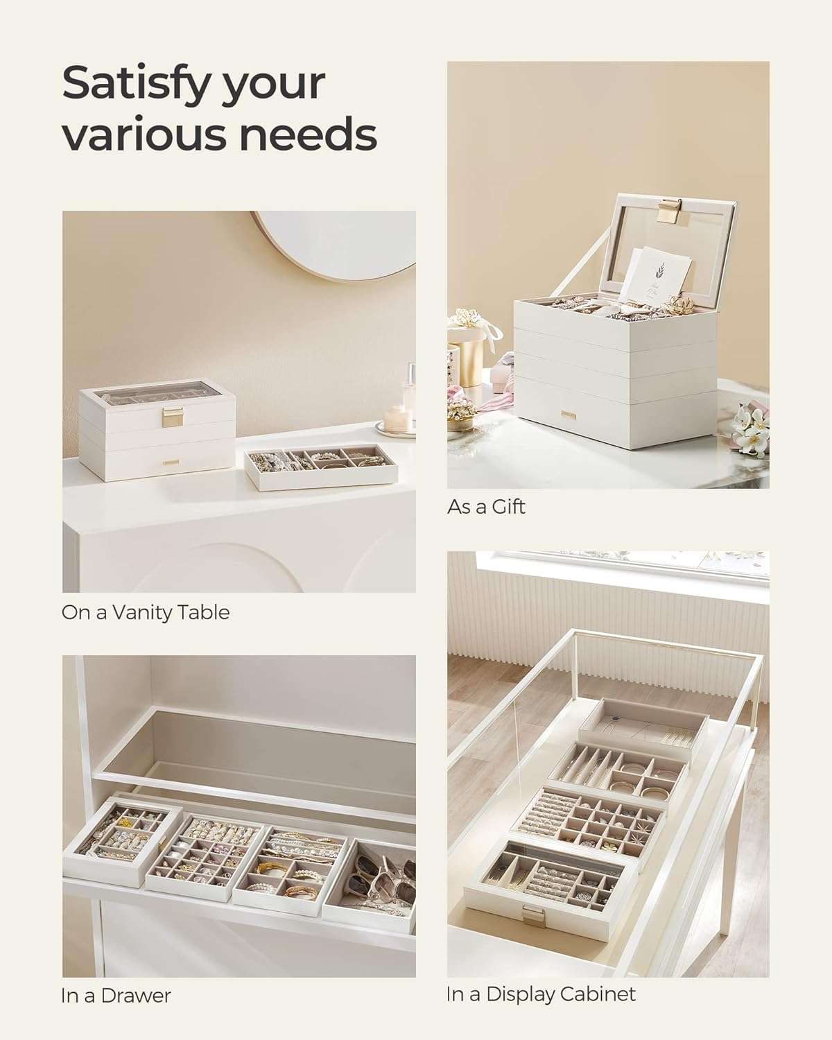 SONGMICS Stackable Jewelry Trays, 4-Tier Jewelry Box, Drawer Jewelry Organizer, with Glass Lid, Removable Dividers, for Vanity Table, 6.7 x 11 x 7.2 Inches - 6