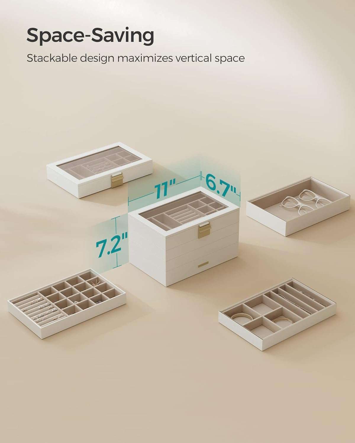 SONGMICS Stackable Jewelry Trays, 4-Tier Jewelry Box, Drawer Jewelry Organizer, with Glass Lid, Removable Dividers, for Vanity Table, 6.7 x 11 x 7.2 Inches - 7
