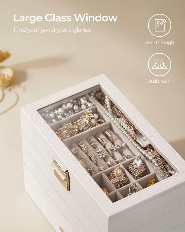 SONGMICS Stackable Jewelry Trays, 4-Tier Jewelry Box, Drawer Jewelry Organizer, with Glass Lid, Removable Dividers, for Vanity Table, 6.7 x 11 x 7.2 Inches - 8