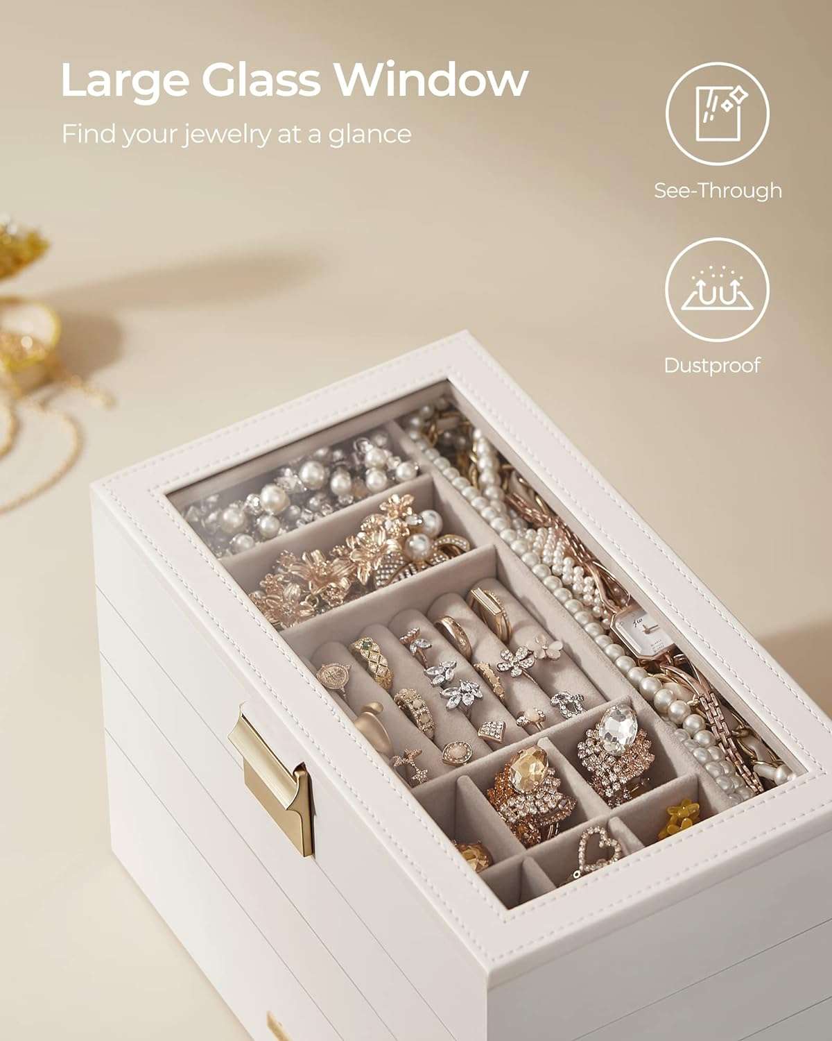 SONGMICS Stackable Jewelry Trays, 4-Tier Jewelry Box, Drawer Jewelry Organizer, with Glass Lid, Removable Dividers, for Vanity Table, 6.7 x 11 x 7.2 Inches - 8