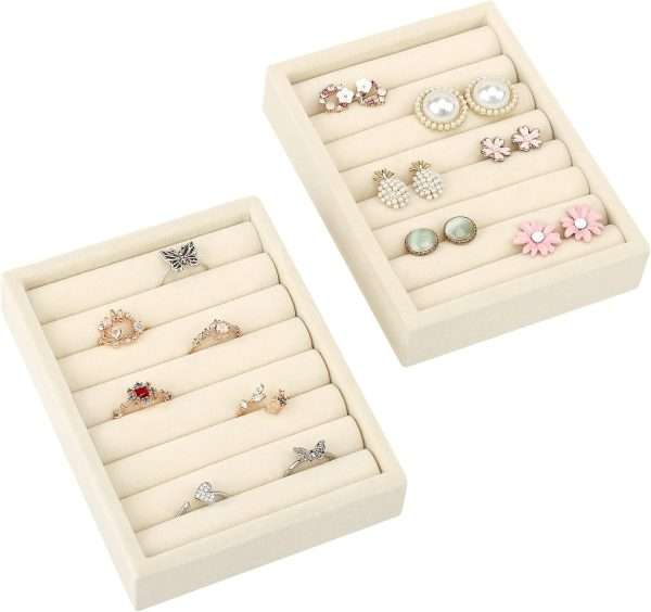 Small Jewelry Tray-Ring Organizer 2PCS Premium Velvet Rings Earrings Display Tray Storage Insert Holder for Jewelry Box, Drawer, Dresser (8 Slots, Beige) - 1