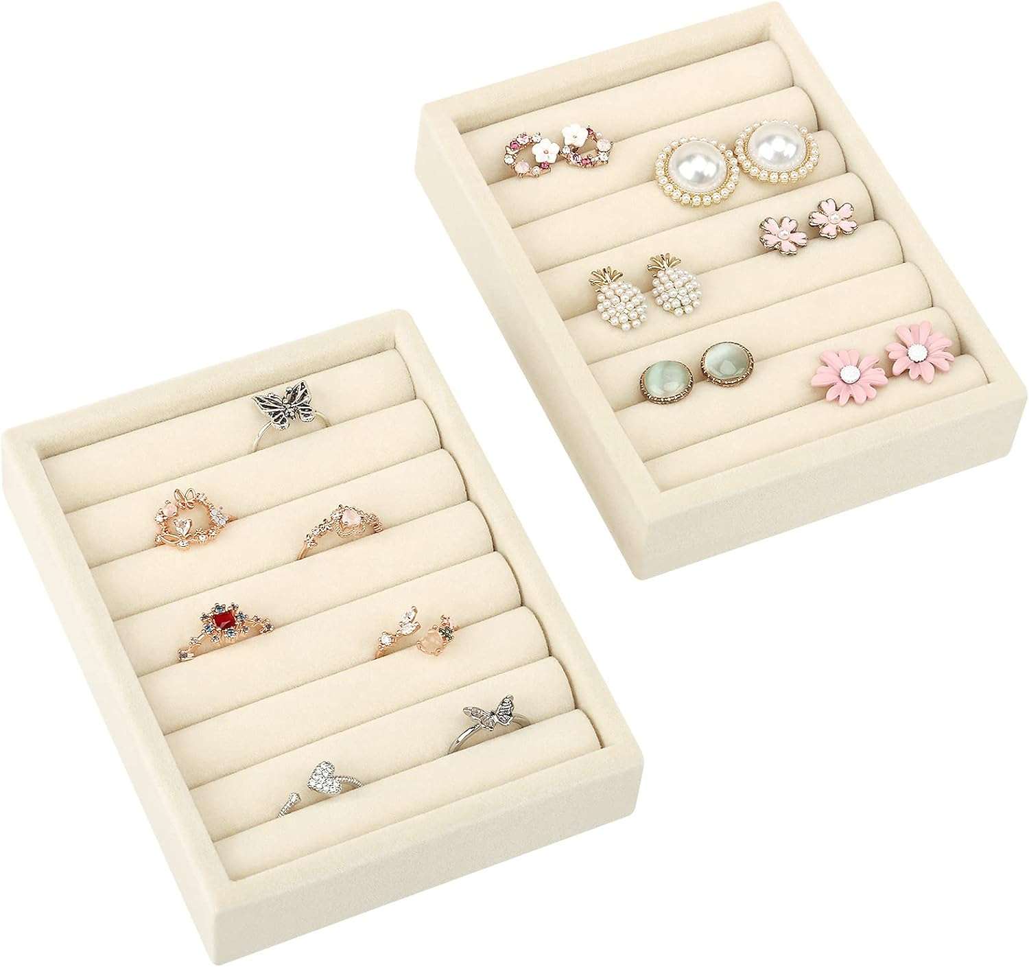 Small Jewelry Tray-Ring Organizer 2PCS Premium Velvet Rings Earrings Display Tray Storage Insert Holder for Jewelry Box, Drawer, Dresser (8 Slots, Beige) - 1