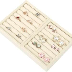 Small Jewelry Tray-Ring Organizer 2PCS Premium Velvet Rings Earrings Display Tray Storage Insert Holder for Jewelry Box, Drawer, Dresser (8 Slots, Beige) - 2