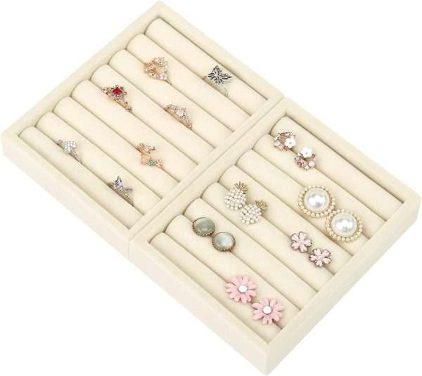 Small Jewelry Tray-Ring Organizer 2PCS Premium Velvet Rings Earrings Display Tray Storage Insert Holder for Jewelry Box, Drawer, Dresser (8 Slots, Beige) - 2