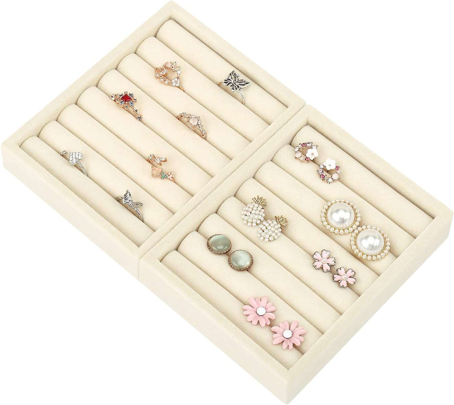Small Jewelry Tray-Ring Organizer 2PCS Premium Velvet Rings Earrings Display Tray Storage Insert Holder for Jewelry Box, Drawer, Dresser (8 Slots, Beige) - 2