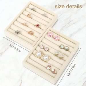 Small Jewelry Tray-Ring Organizer 2PCS Premium Velvet Rings Earrings Display Tray Storage Insert Holder for Jewelry Box, Drawer, Dresser (8 Slots, Beige) - 3