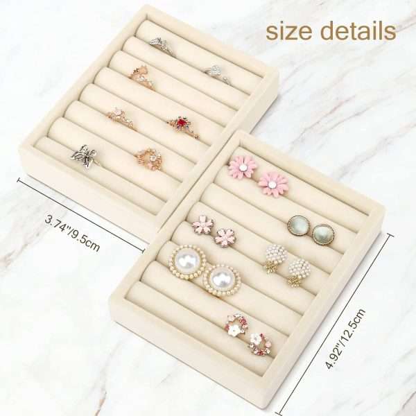 Small Jewelry Tray-Ring Organizer 2PCS Premium Velvet Rings Earrings Display Tray Storage Insert Holder for Jewelry Box, Drawer, Dresser (8 Slots, Beige) - 3