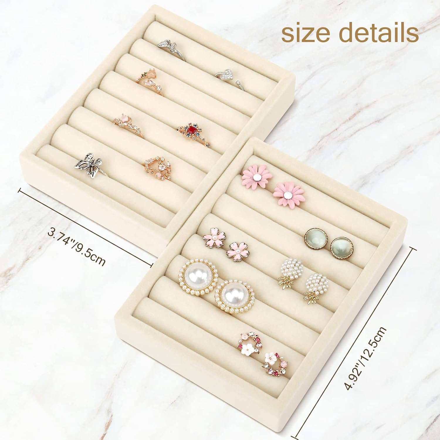 Small Jewelry Tray-Ring Organizer 2PCS Premium Velvet Rings Earrings Display Tray Storage Insert Holder for Jewelry Box, Drawer, Dresser (8 Slots, Beige) - 3