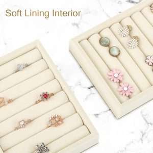 Small Jewelry Tray-Ring Organizer 2PCS Premium Velvet Rings Earrings Display Tray Storage Insert Holder for Jewelry Box, Drawer, Dresser (8 Slots, Beige) - 4