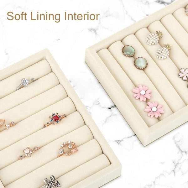 Small Jewelry Tray-Ring Organizer 2PCS Premium Velvet Rings Earrings Display Tray Storage Insert Holder for Jewelry Box, Drawer, Dresser (8 Slots, Beige) - 4