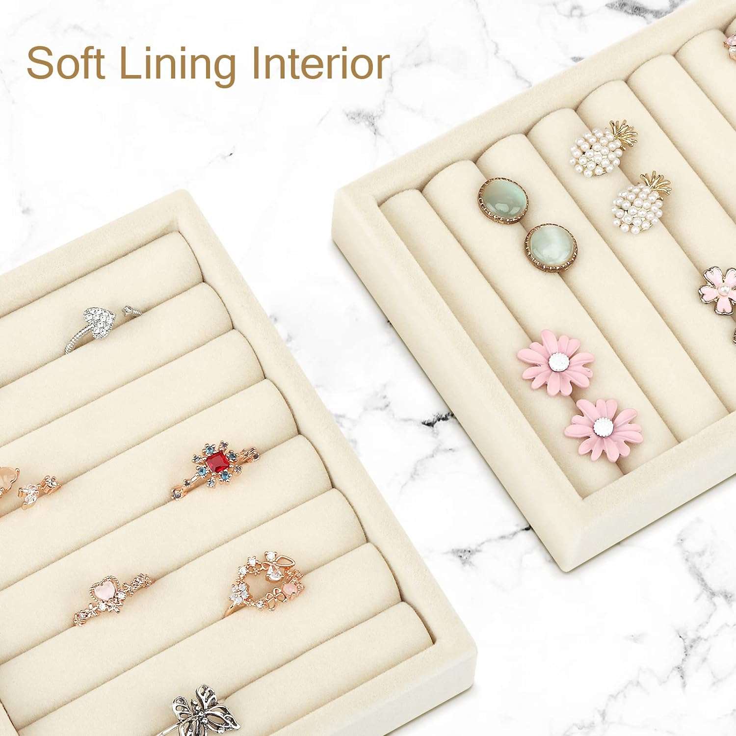 Small Jewelry Tray-Ring Organizer 2PCS Premium Velvet Rings Earrings Display Tray Storage Insert Holder for Jewelry Box, Drawer, Dresser (8 Slots, Beige) - 4