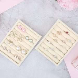 Small Jewelry Tray-Ring Organizer 2PCS Premium Velvet Rings Earrings Display Tray Storage Insert Holder for Jewelry Box, Drawer, Dresser (8 Slots, Beige) - 5