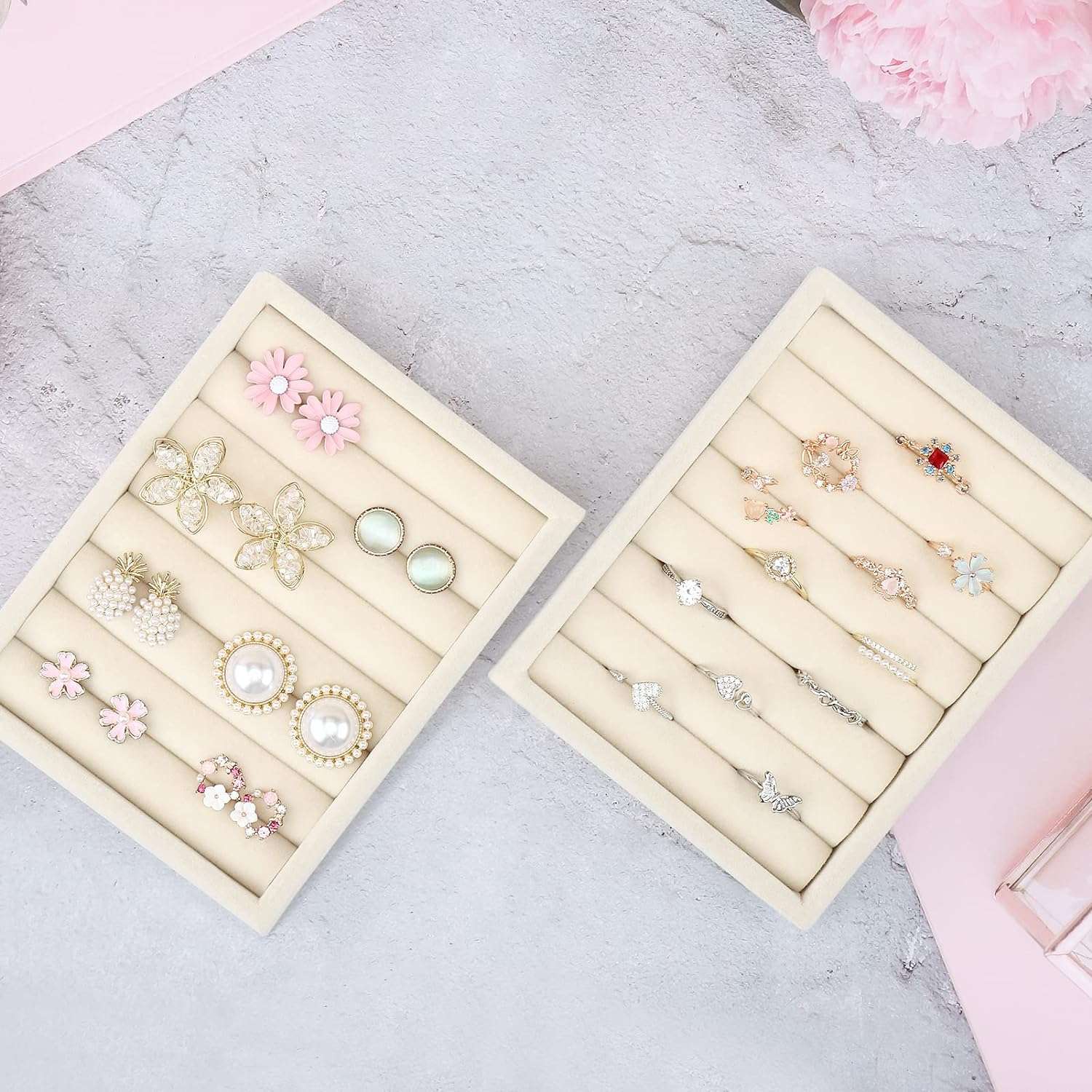 Small Jewelry Tray-Ring Organizer 2PCS Premium Velvet Rings Earrings Display Tray Storage Insert Holder for Jewelry Box, Drawer, Dresser (8 Slots, Beige) - 5