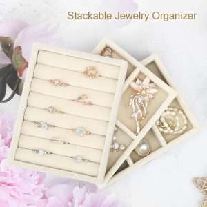 Small Jewelry Tray-Ring Organizer 2PCS Premium Velvet Rings Earrings Display Tray Storage Insert Holder for Jewelry Box, Drawer, Dresser (8 Slots, Beige) - 6