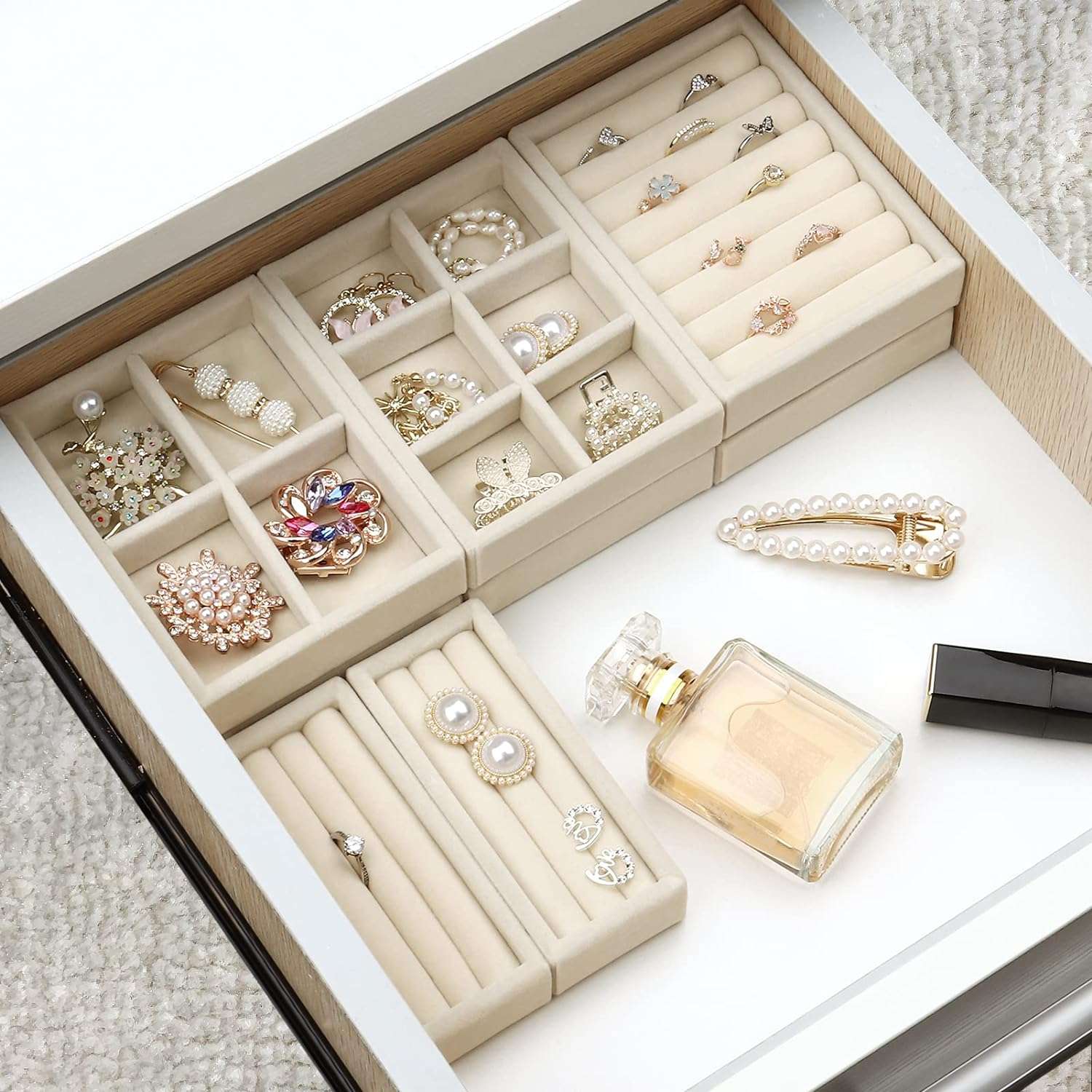 Small Jewelry Tray-Ring Organizer 2PCS Premium Velvet Rings Earrings Display Tray Storage Insert Holder for Jewelry Box, Drawer, Dresser (8 Slots, Beige) - 7