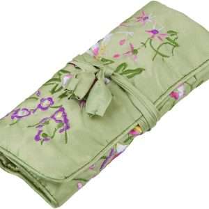 TUMBEELLUWA Embroidery Travel Jewelry Bag Roll Embroidered Flower and Bird Brocade Organizer with Tie Close, Light Green - 1