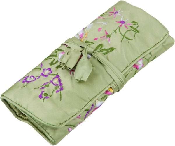 TUMBEELLUWA Embroidery Travel Jewelry Bag Roll Embroidered Flower and Bird Brocade Organizer with Tie Close, Light Green - 1