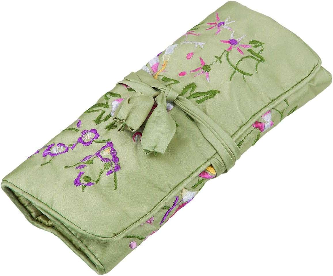 TUMBEELLUWA Embroidery Travel Jewelry Bag Roll Embroidered Flower and Bird Brocade Organizer with Tie Close, Light Green - 1