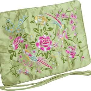 TUMBEELLUWA Embroidery Travel Jewelry Bag Roll Embroidered Flower and Bird Brocade Organizer with Tie Close, Light Green - 2
