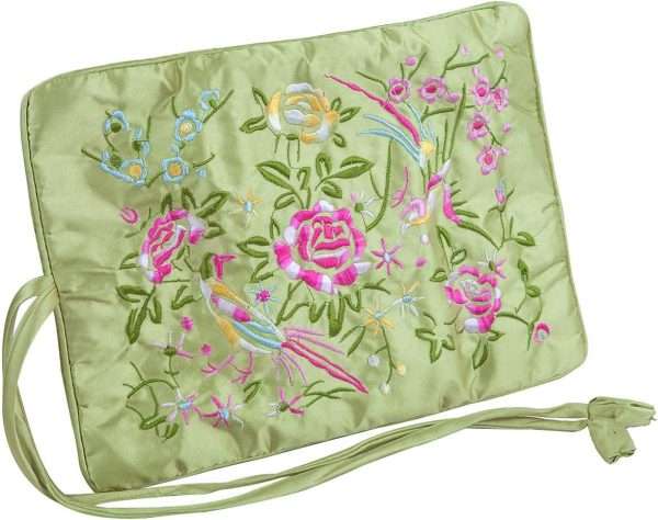 TUMBEELLUWA Embroidery Travel Jewelry Bag Roll Embroidered Flower and Bird Brocade Organizer with Tie Close, Light Green - 2