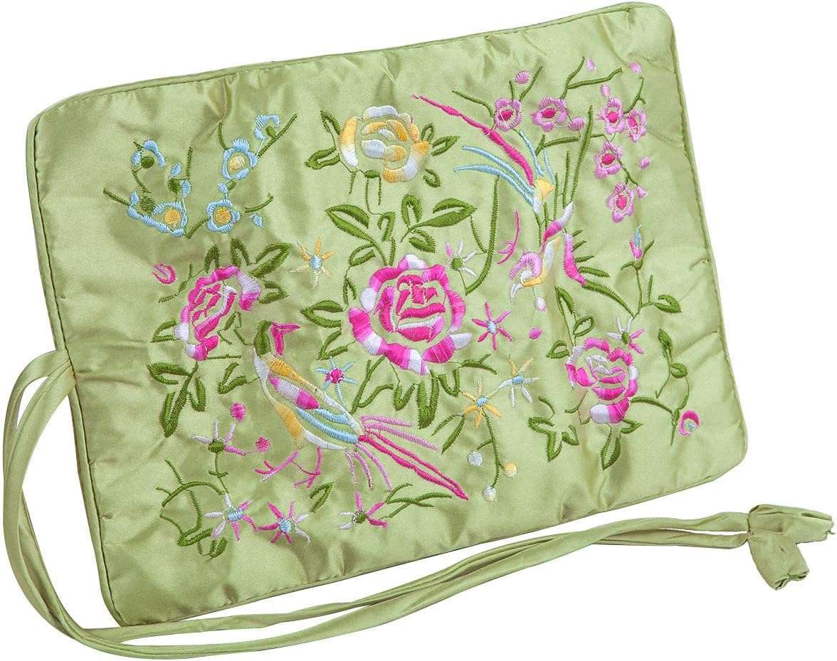 TUMBEELLUWA Embroidery Travel Jewelry Bag Roll Embroidered Flower and Bird Brocade Organizer with Tie Close, Light Green - 2