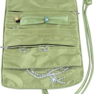 TUMBEELLUWA Embroidery Travel Jewelry Bag Roll Embroidered Flower and Bird Brocade Organizer with Tie Close, Light Green - 4