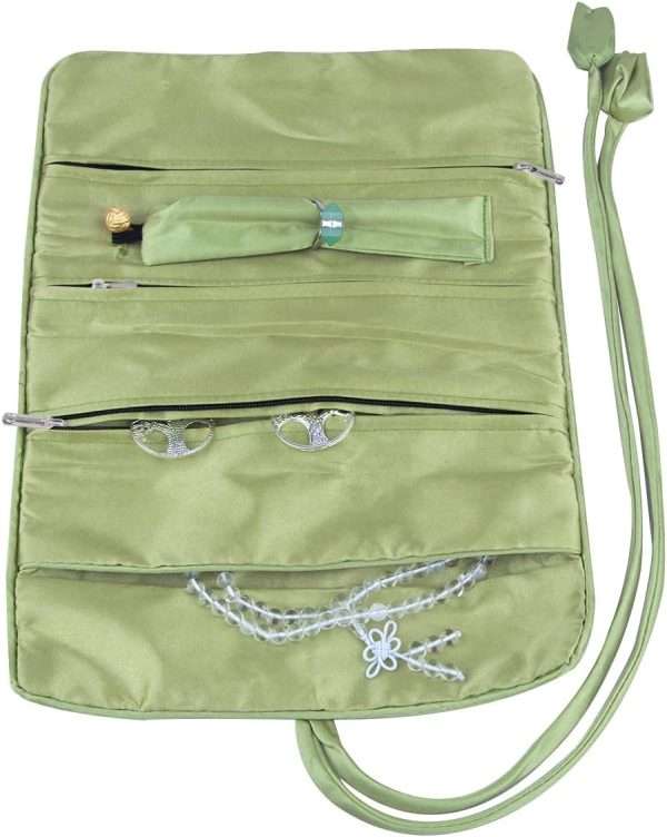 TUMBEELLUWA Embroidery Travel Jewelry Bag Roll Embroidered Flower and Bird Brocade Organizer with Tie Close, Light Green - 4