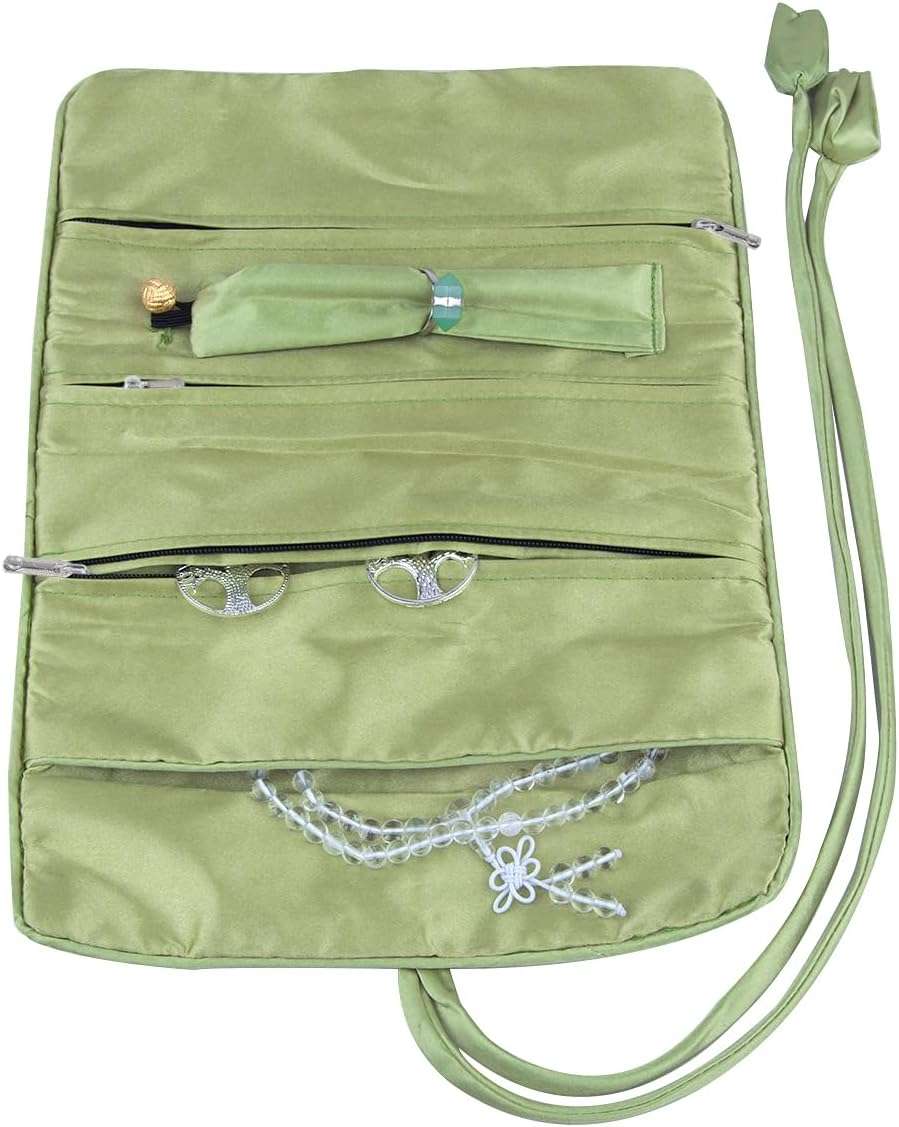 TUMBEELLUWA Embroidery Travel Jewelry Bag Roll Embroidered Flower and Bird Brocade Organizer with Tie Close, Light Green - 4