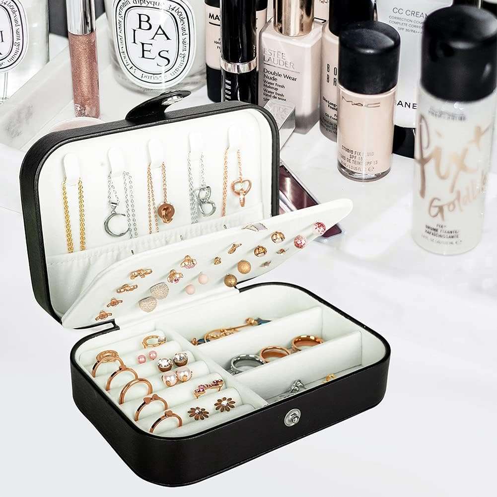 Travel Jewelry Box, PU Leather Small Jewelry Organizer for Women Girls, Double Layer Portable Mini Travel Case Display Storage Holder Boxes for Stud Earrings - 2