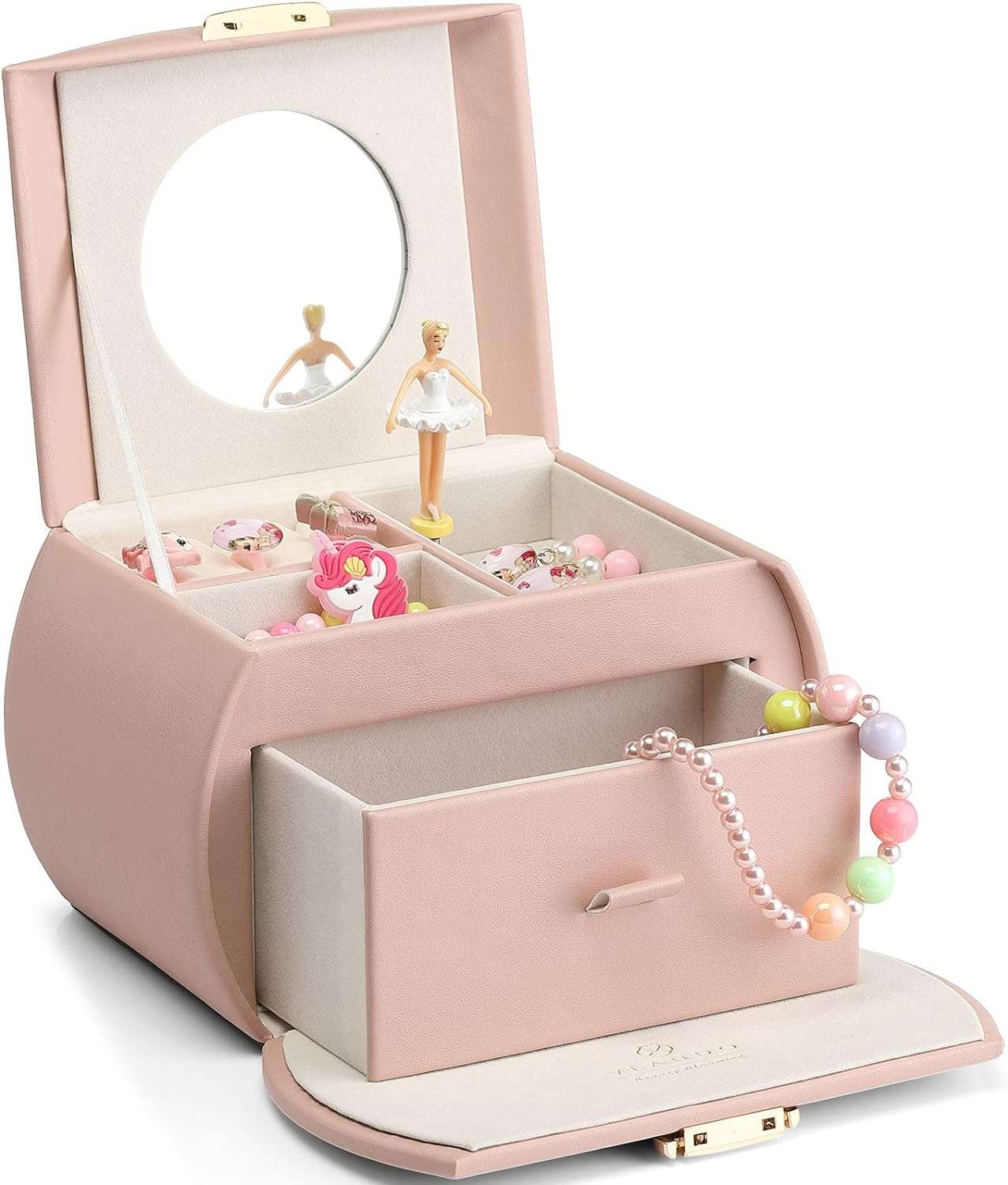 Vlando Kids Musical Jewelry Box for Girls with Drawer, Music Box with Ballerina and Stickers for Birthday Bedroom Decor, Gifts for Girls Kids - Pink - 1
