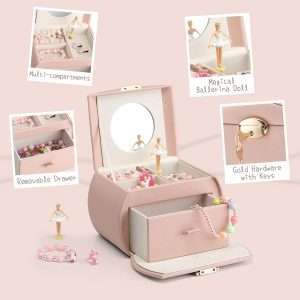 Vlando Kids Musical Jewelry Box for Girls with Drawer, Music Box with Ballerina and Stickers for Birthday Bedroom Decor, Gifts for Girls Kids - Pink - 4