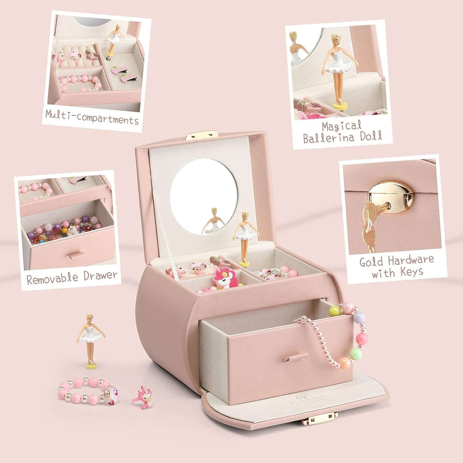 Vlando Kids Musical Jewelry Box for Girls with Drawer, Music Box with Ballerina and Stickers for Birthday Bedroom Decor, Gifts for Girls Kids - Pink - 4