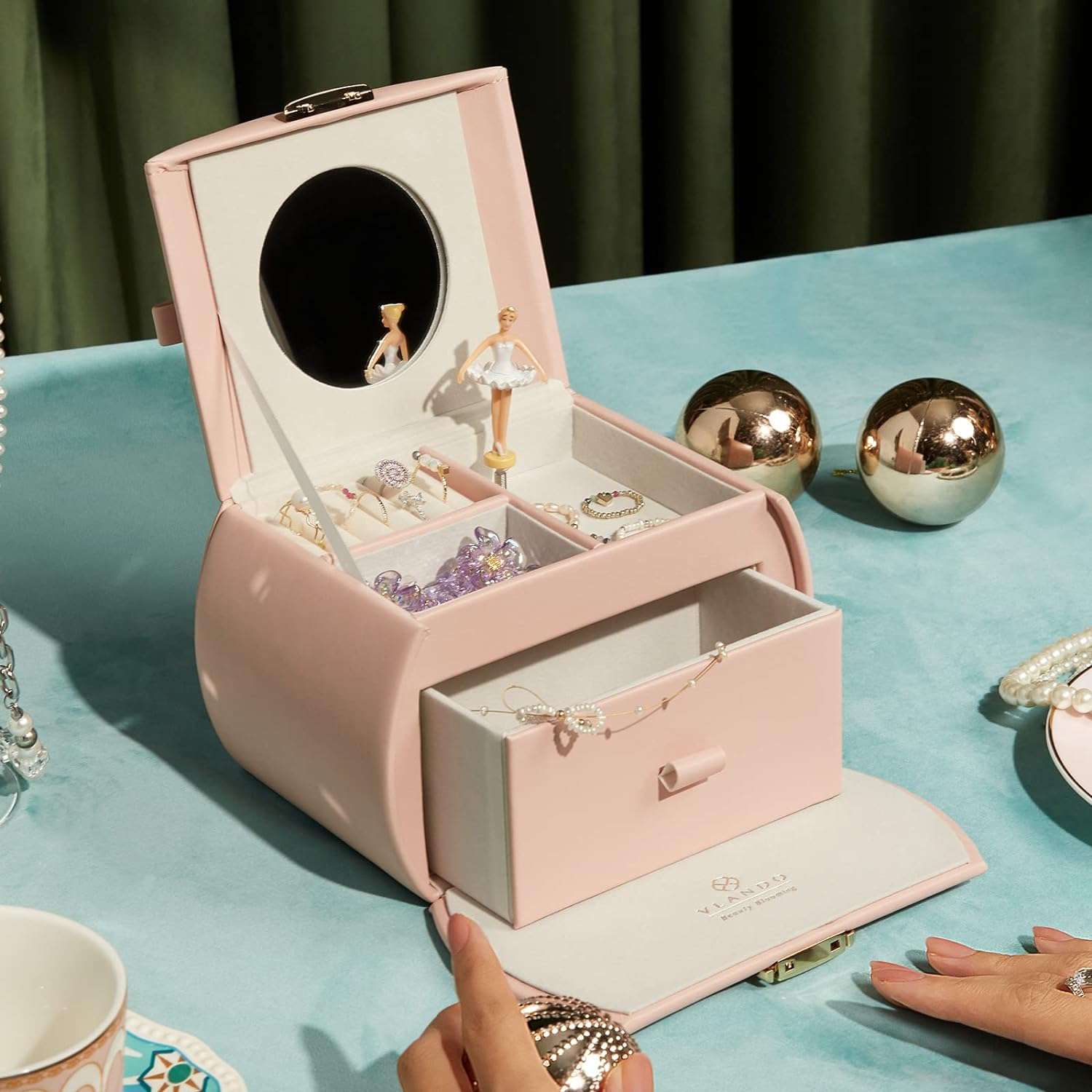 Vlando Kids Musical Jewelry Box for Girls with Drawer, Music Box with Ballerina and Stickers for Birthday Bedroom Decor, Gifts for Girls Kids - Pink - 9