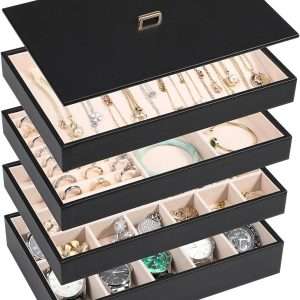Voova Stackable Jewelry Organizer Tray with Lid, PU Leather Jewelry Storage Holder for Drawer Inserts, Jewellery Display Box Case for Earring Necklace Ring Watch Bracelet - 1