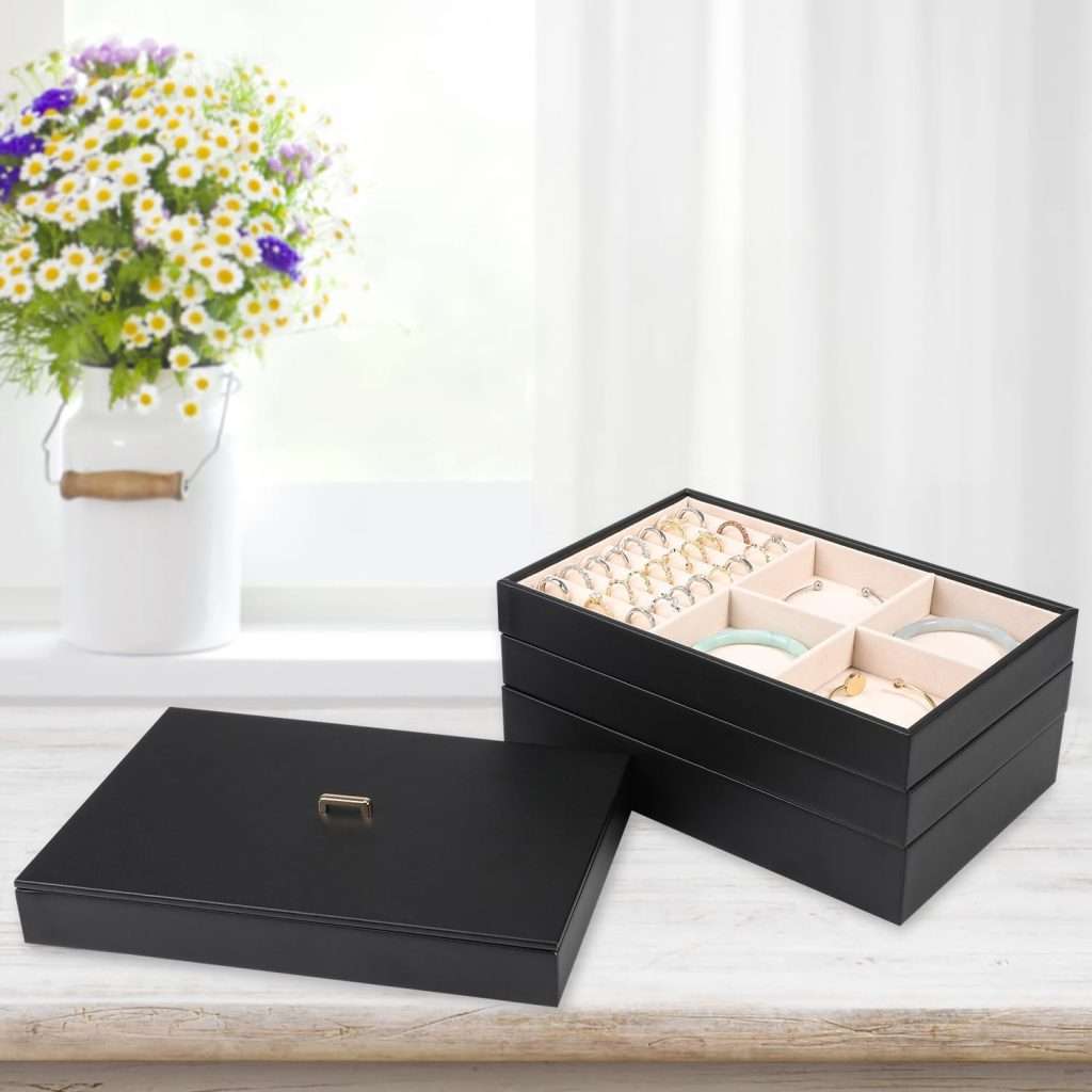 Voova Stackable Jewelry Organizer Tray with Lid, PU Leather Jewelry Storage Holder for Drawer Inserts, Jewellery Display Box Case for Earring Necklace Ring Watch Bracelet - 4