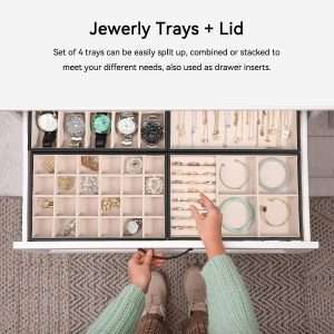 Voova Stackable Jewelry Organizer Tray with Lid, PU Leather Jewelry Storage Holder for Drawer Inserts, Jewellery Display Box Case for Earring Necklace Ring Watch Bracelet - 6