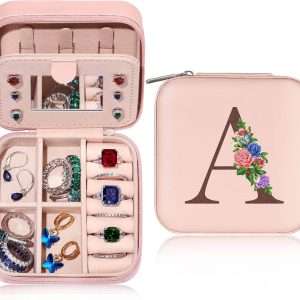 Yesteel Travel Jewelry Case with Mirror, Jewelry Holder and Organizer Box for Rings, Necklaces, Earrings - Birthday Gift for Women, Mom, Grandma, Initial A - 1