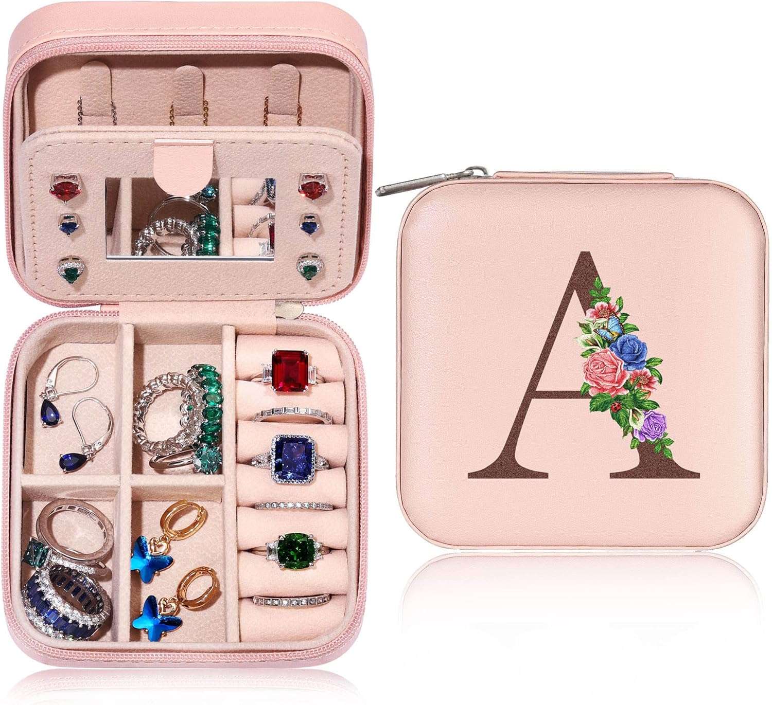 Yesteel Travel Jewelry Case with Mirror, Jewelry Holder and Organizer Box for Rings, Necklaces, Earrings - Birthday Gift for Women, Mom, Grandma, Initial A - 1