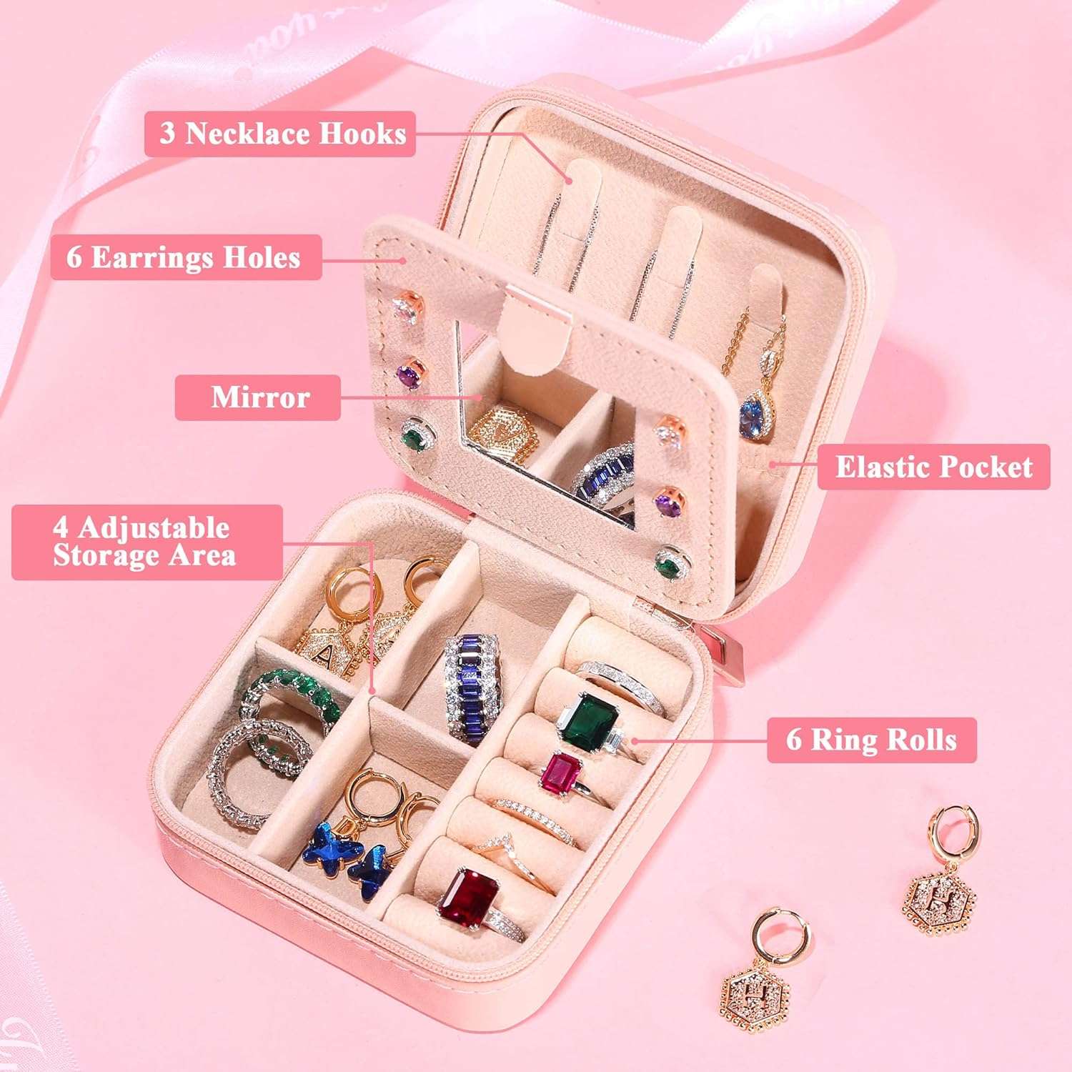 Yesteel Travel Jewelry Case with Mirror, Jewelry Holder and Organizer Box for Rings, Necklaces, Earrings - Birthday Gift for Women, Mom, Grandma, Initial A - 2