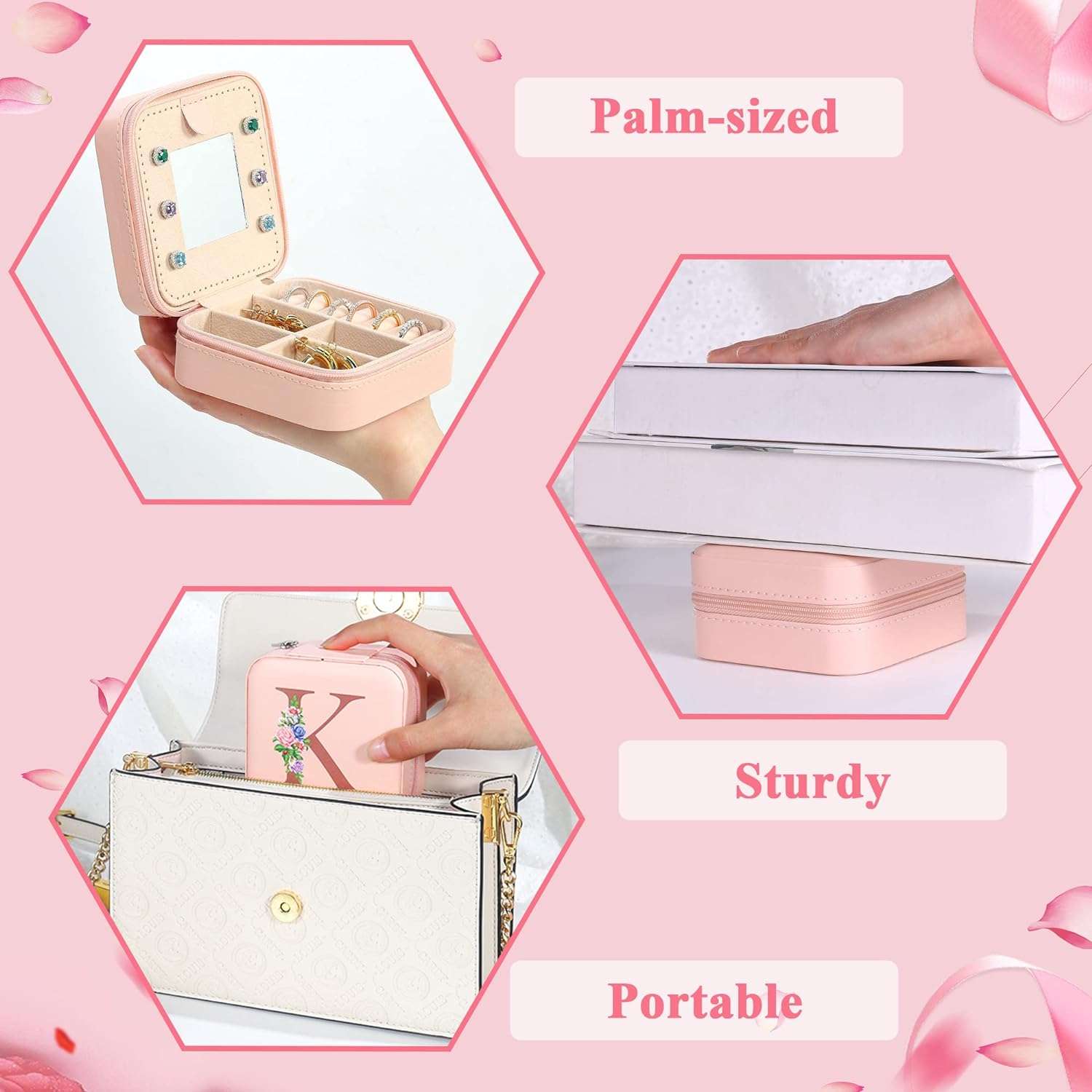 Yesteel Travel Jewelry Case with Mirror, Jewelry Holder and Organizer Box for Rings, Necklaces, Earrings - Birthday Gift for Women, Mom, Grandma, Initial A - 5