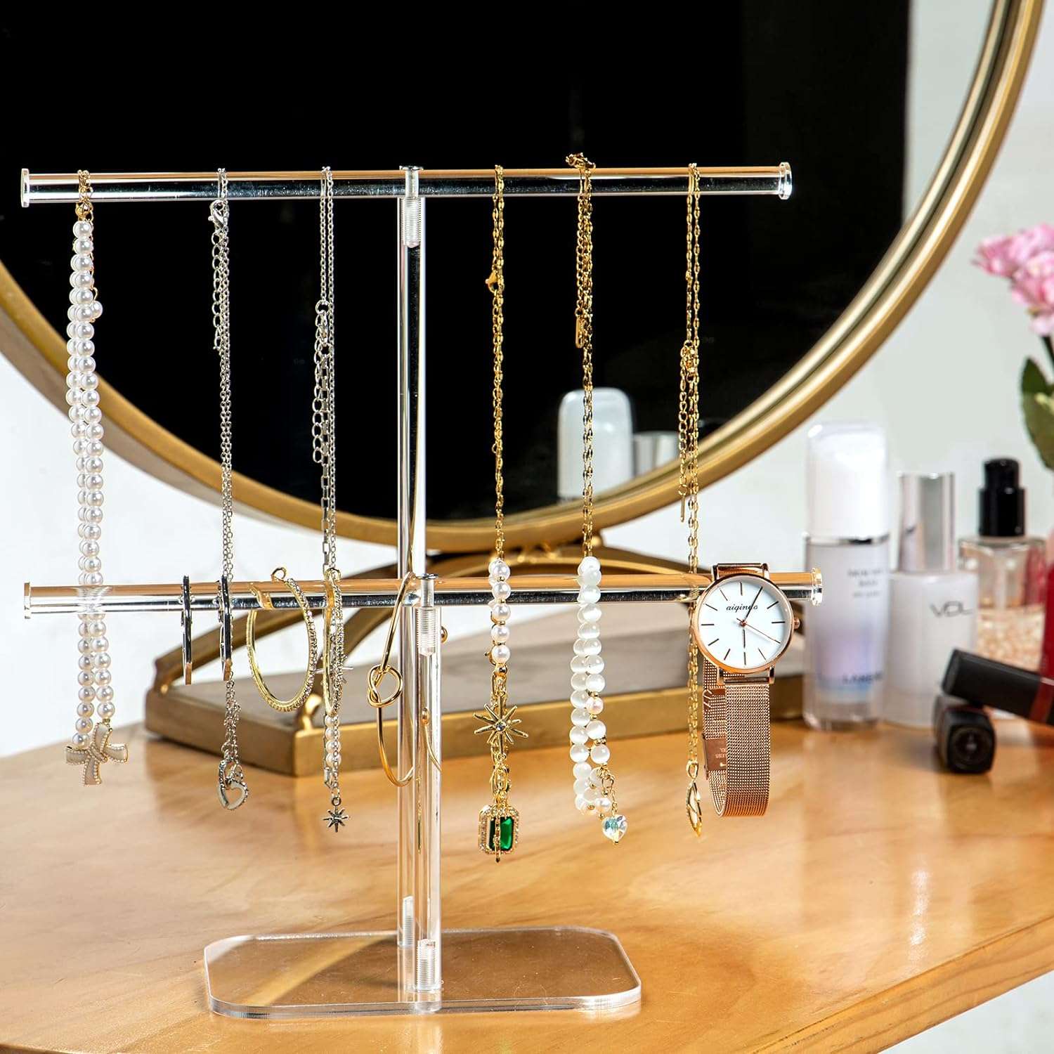 lengnoyp Premium Jewelry Stand , Solid Clear 2-Tier Acrylic Jewelry Organizer Stand & Bracelet holder Stand for Necklace Display, Ring & Watch Display - 2